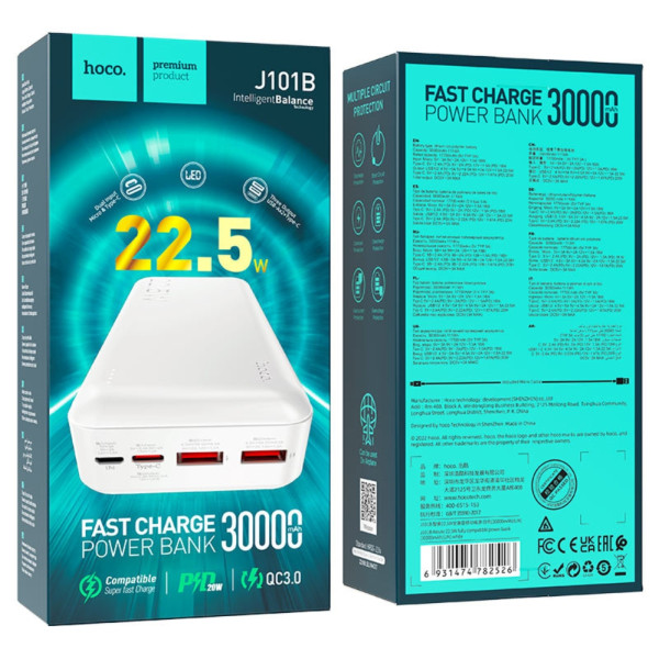 Повербанк hoco J101B 30000 mAh із швидкою зарядкою зовнішній акумулятор 22.5W Power bank USB Type-C micro USB