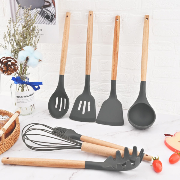Набір кухонного приладдя силіконовий 12 предметів Kitchen&dining кухонне начиння лопатки для кухні Сірий