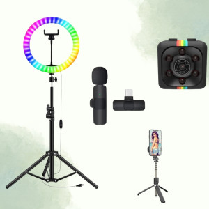 Набор блогера 5в1 Кольцевая RGB LED лампа 45см Штатив 2м Селфи-трипод Bluetooth экшн камера Петличный микрофон