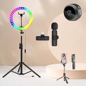 Набір блогера 5в1 Кільцева RGB LED лампа 45см Штатив 2м Селфи-трипод Bluetooth міні камера Петличний мікрофон