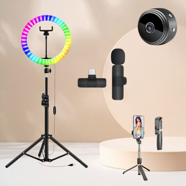 Набір блогера 5в1 Кільцева RGB LED лампа 45см Штатив 2м Селфи-трипод Bluetooth міні камера Петличний мікрофон