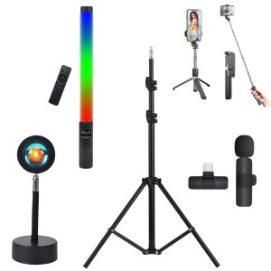 Набор блогера 5 в 1 лампа RGB Light Stick Штатив 2м Селфи-трипод Петличный микрофон Проекционный светильник