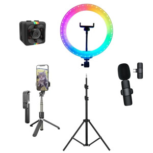 Набор блогера 5в1 Кольцевая двухсторонняя лампа RGB 3D 26см Штатив Блютус трипод Петличный микрофон Экш камера