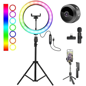 Набір блогера 5в1 Кільцева двостороння RGB лампа 3D 36см Штатив 2м Селфі палиця Петличний мікрофон міні камера