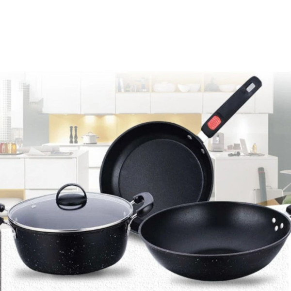 Набор посуды с антипригарным покрытием 3в1 Кастрюля с прямой и WOK сковородками Набор посуды с антипригарным покрытием 3в1 Кастрюля с прямой и WOK сковородками