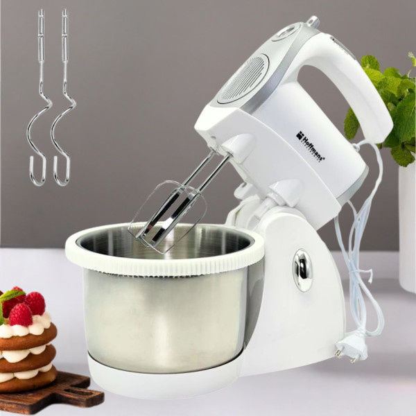 Миксер кухонный 1000W Hoffmans HM-6630 с вращающейся чашей 3л и подставкой 6 режимов ручной Белый