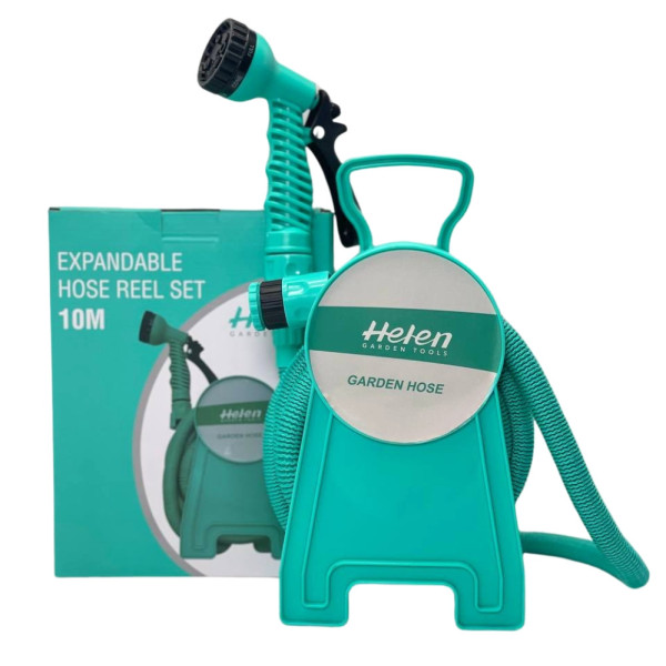 Шланг поливальний 10м з котушкою та розпилювачем з 7 режимами Helen Garden Tools розтягувальний шланг садовий