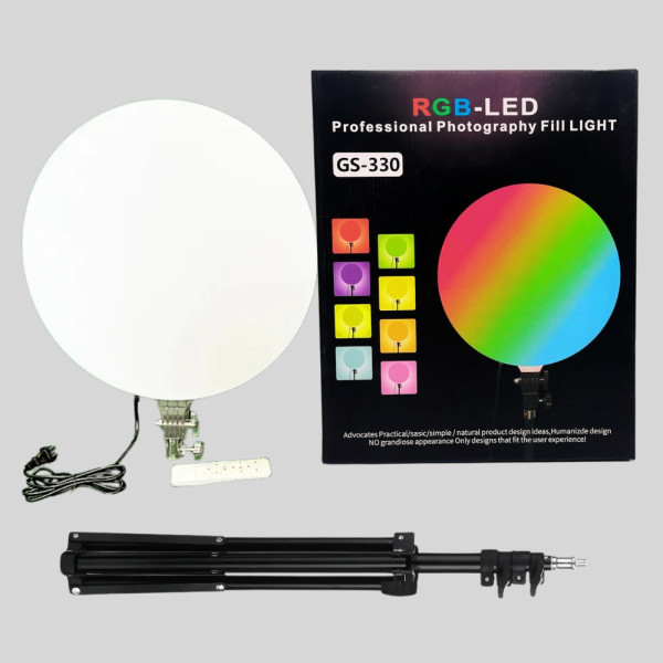 Светодиодная круглая лампа RGB-LED Fill Light GS-330 цветная 33см с пультом и штативом 2м для студийной съёмки Светодиодная круглая лампа RGB-LED Fill Light GS-330 цветная 33см с пультом и штативом 2м для студийной съёмки