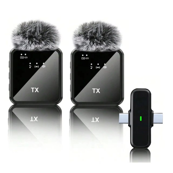 Петличный беспроводной микрофон 2в1 F15-2 Wireless Microphone с ресивером Type-C Lightning и меховой ветрозащитой для видеосъемки Петличный беспроводной микрофон 2в1 F15-2 Wireless Microphone с ресивером Type-C Lightning и меховой ветрозащитой для видеосъемки