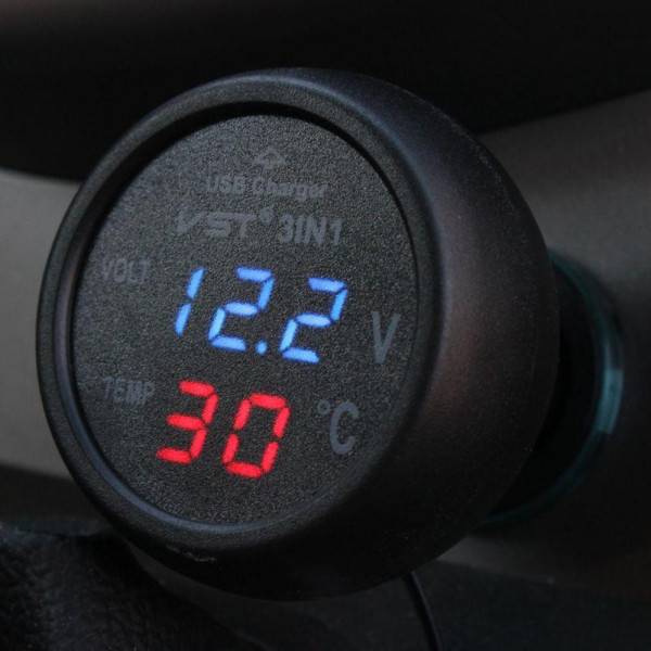 Часы автомобильные в прикуриватель VST 706-5 Авто термометр вольтметр 3в1 с синей подсветкой USB