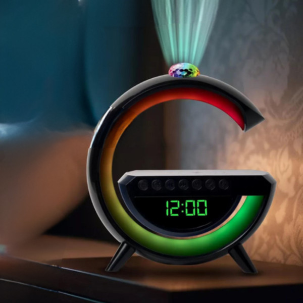 Аккумуляторный ночник лампа 7RGB с беспроводной зарядкой часами BT3402 колонка Bluetooth проектор и радио 15W Аккумуляторный ночник лампа 7RGB с беспроводной зарядкой часами BT3402 колонка Bluetooth проектор и радио 15W