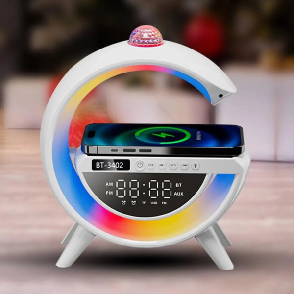 Аккумуляторный ночник лампа 7RGB с беспроводной зарядкой часами BT3402 колонка Bluetooth проектор и радио 15W Аккумуляторный ночник лампа 7RGB с беспроводной зарядкой часами BT3402 колонка Bluetooth проектор и радио 15W