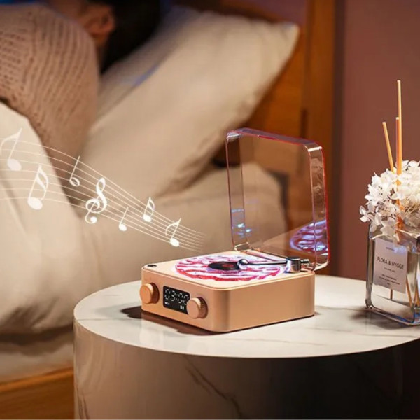 Нічник з годинником у вигляді вінілового програвача рожевий Бездротова Bluetooth колонка проектор з підсвічуванням
