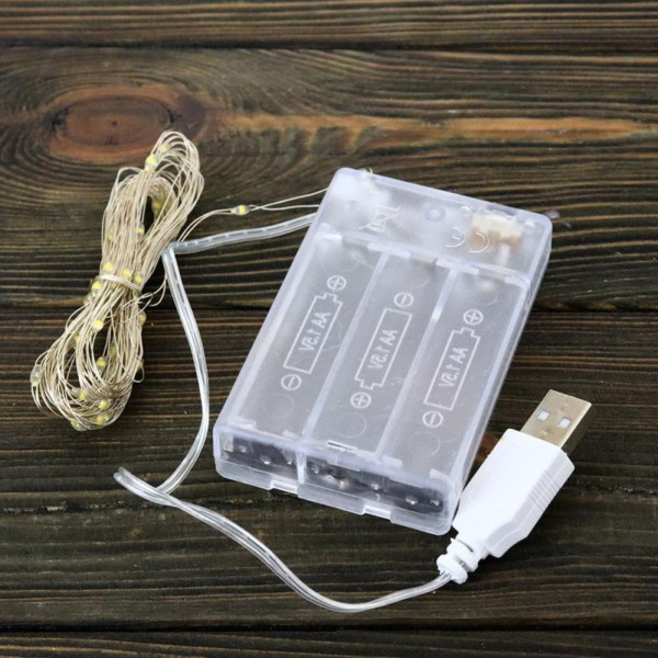 Светодиодная гирлянда роса 5 метров на батарейках и USB Гирлянда леска холодный белый свет