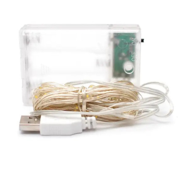 Светодиодная гирлянда роса 5 метров на батарейках и USB Гирлянда леска холодный белый свет