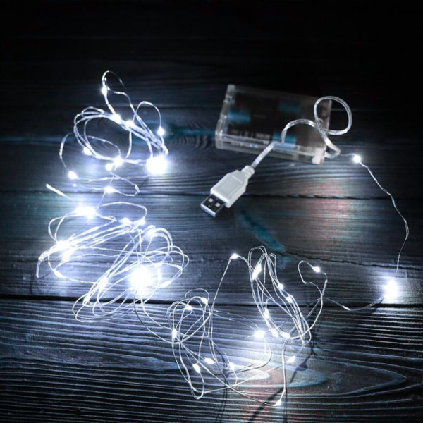 Светодиодная гирлянда роса 5 метров на батарейках и USB Гирлянда леска холодный белый свет