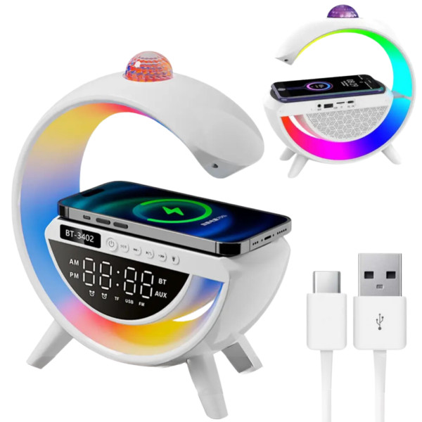Аккумуляторный ночник лампа 7RGB с беспроводной зарядкой часами BT3402 колонка Bluetooth проектор и радио 15W