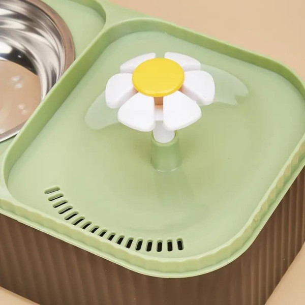 Поилка фонтан для кошек автоматическая с кормушкой Автопоилка​​​​​​​ двойная для животных зеленая