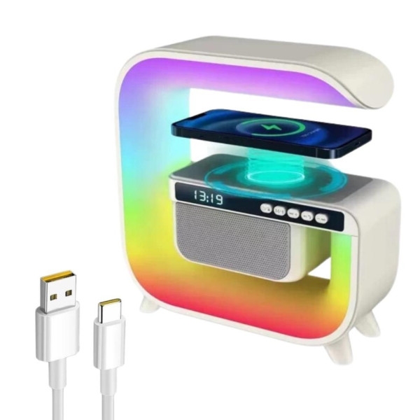 Ночник с беспроводной зарядкой часами 15W G 3 аккумуляторный RGB светильник колонка радио