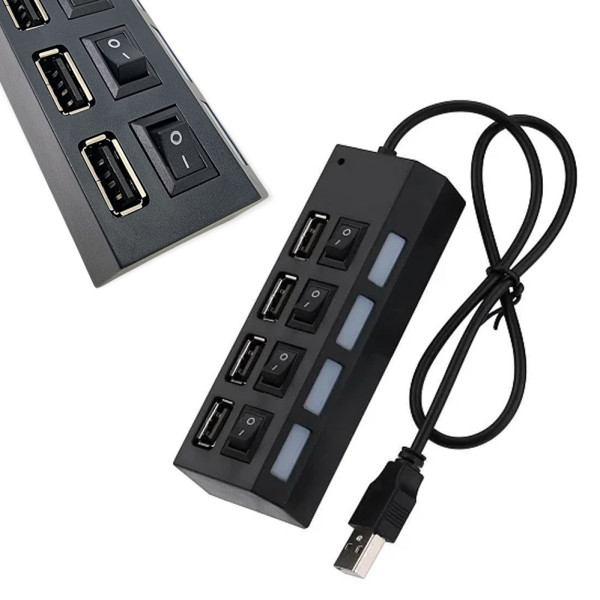 USB хаб 2.0 концентратор адаптер разветвитель на 4 порта с переключателями на каждый порт черный питание USB