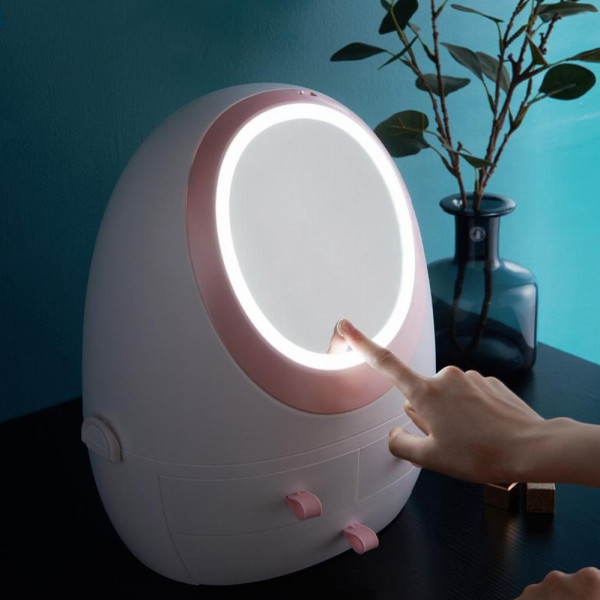 Органайзер стойка для косметики с зеркалом и LED-подсветкой Настольный Кейс с защитой от влаги пыли W-1 Белый