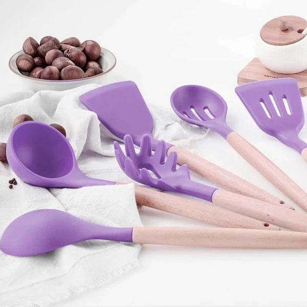 Кухонне приладдя Kitchen & dining фіолетовий набір силіконовий кухонне начиння 12 шт дерево силікон Кухонне приладдя Kitchen & dining фіолетовий набір силіконовий кухонне начиння 12 шт дерево силікон