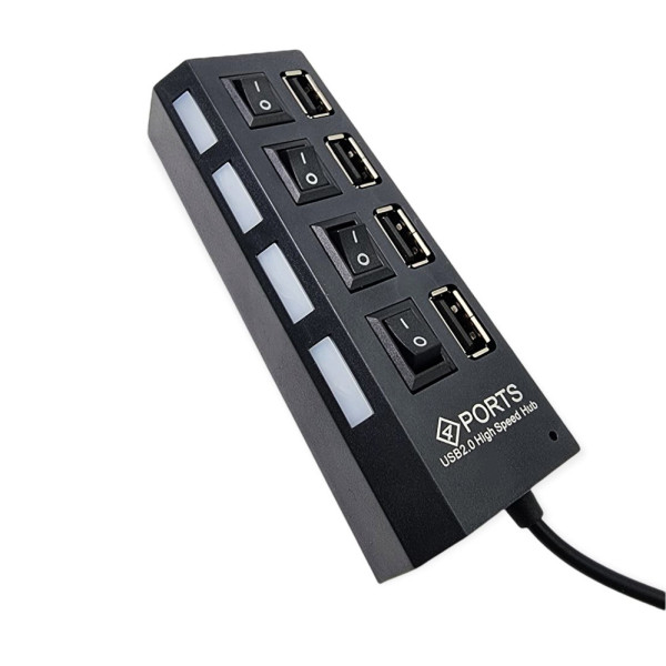 USB хаб 2.0 концентратор адаптер разветвитель на 4 порта с переключателями на каждый порт черный питание USB