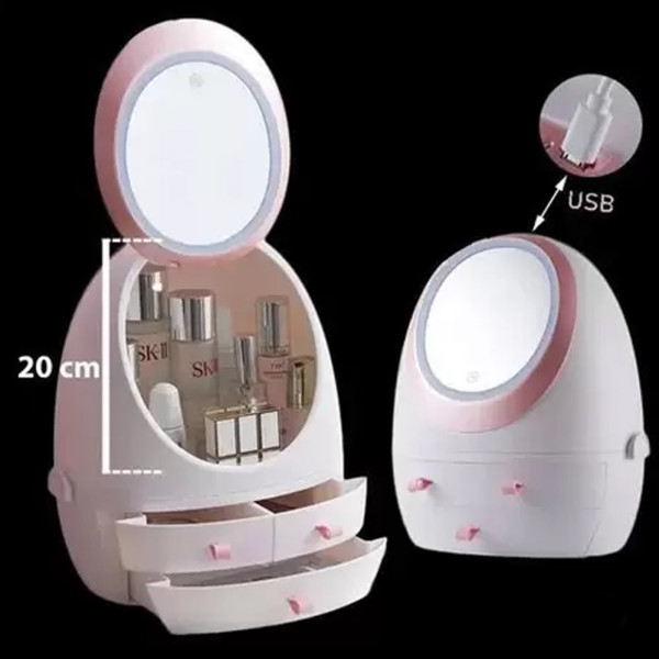 Органайзер стойка для косметики с зеркалом и LED-подсветкой Настольный Кейс с защитой от влаги пыли W-1 Белый