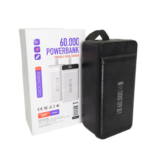Повербанк QC60 60000 мАч Powerbank для зарядки телефона мощный Lightning Type-C Micro USB с фонариком