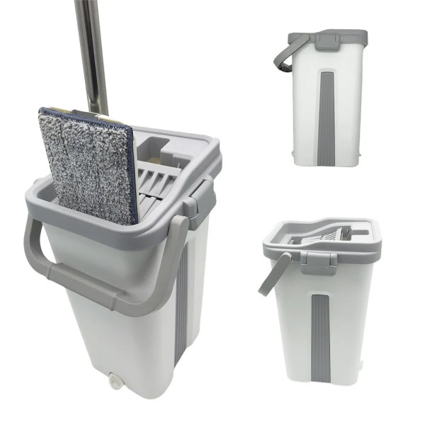 Комплект швабра с ведром с автоматическим отжимом Scratch Easy Mop с 5 насадками Белая
