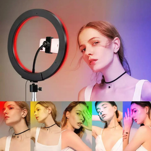 Кольцевая светодиодная цветная LED RGB лампа MJ36 см штатив 2м подсветка мультиколор для блогеров селфи кольцо