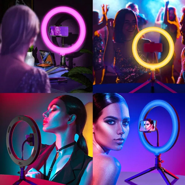 Кольцевая светодиодная цветная LED RGB лампа MJ36 см штатив 2м подсветка мультиколор для блогеров селфи кольцо