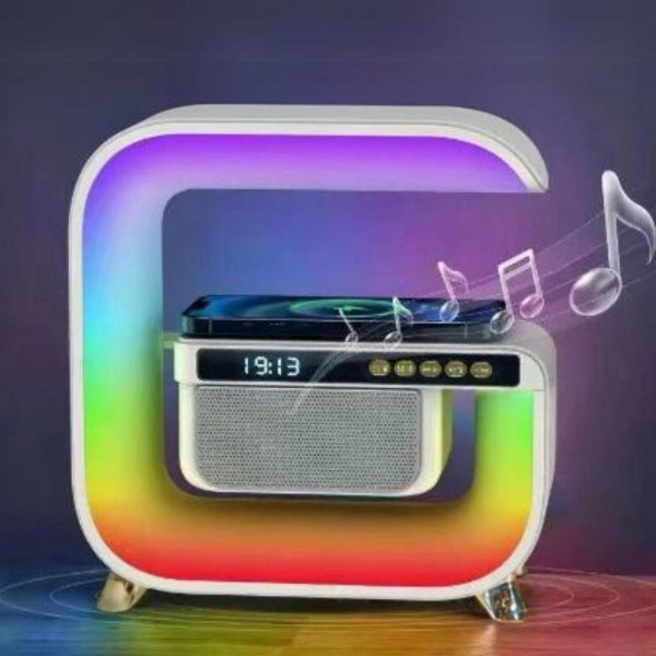 Ночник с беспроводной зарядкой часами 15W G 3 аккумуляторный RGB светильник колонка радио