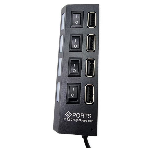 USB хаб 2.0 концентратор адаптер разветвитель на 4 порта с переключателями на каждый порт черный питание USB