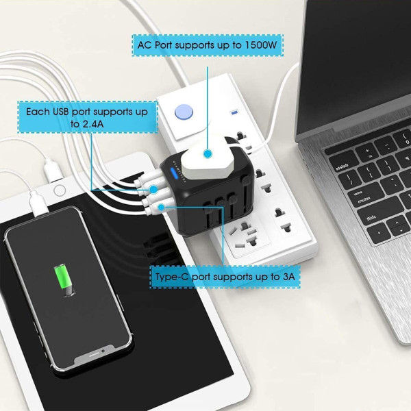 Универсальный адаптер для путешествий и дома сетевой USB Travel Adapter переходник для розеток Черный