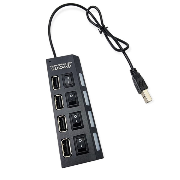 USB хаб 2.0 концентратор адаптер разветвитель на 4 порта с переключателями на каждый порт черный питание USB