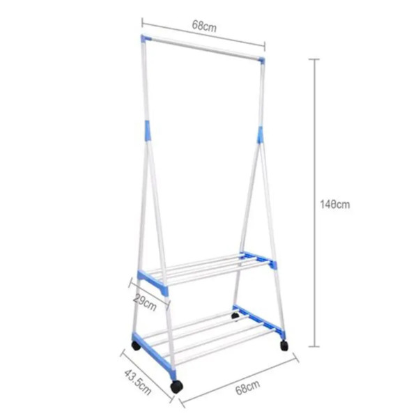 Стойка вешалка для одежды и обуви Передвижная двухъярусная Clothes Rack Напольная с полками на колесиках