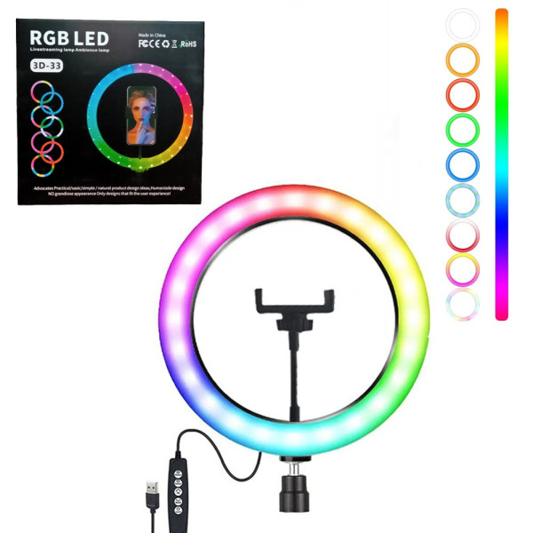 Светодиодная лампа  кольцевая 3D RGB 33 см цветная двухсторонняя LED Селфи кольцо для фото блогеров от usb