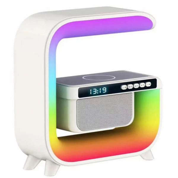 Ночник с беспроводной зарядкой часами 15W G 3 аккумуляторный RGB светильник колонка радио