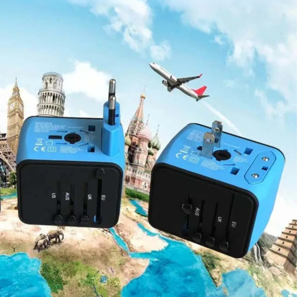 Универсальный сетевой  USB адаптер для путешествий и дома Adapter Travel ORIGINAL Переходник для розеток Синий