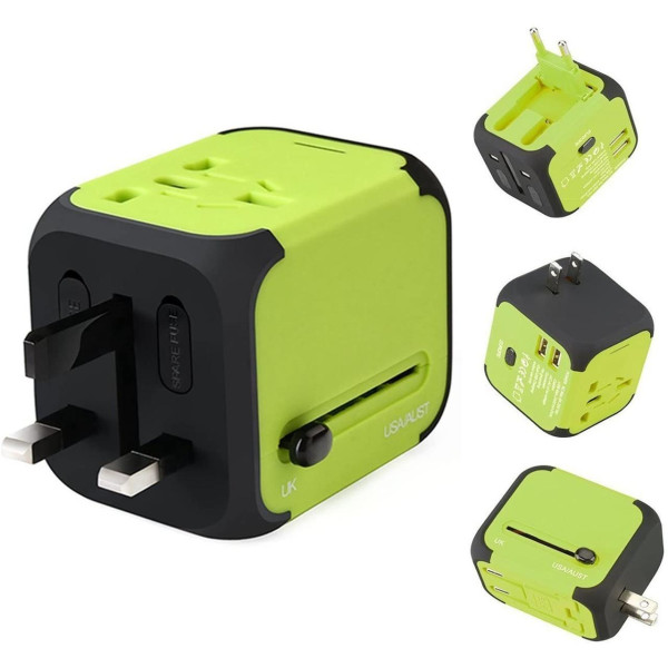 Універсальний мережевий адаптер для подорожей 2 USB Adapter Travel Перехідник для всіх типів розеток Салатовий