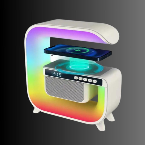 Ночник с беспроводной зарядкой часами 15W G 3 аккумуляторный RGB светильник колонка радио