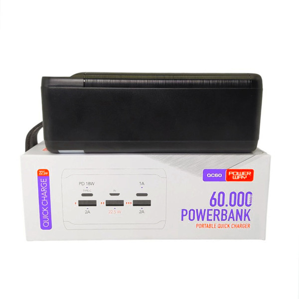 Повербанк QC60 60000 мАч Powerbank для зарядки телефона мощный Lightning Type-C Micro USB с фонариком