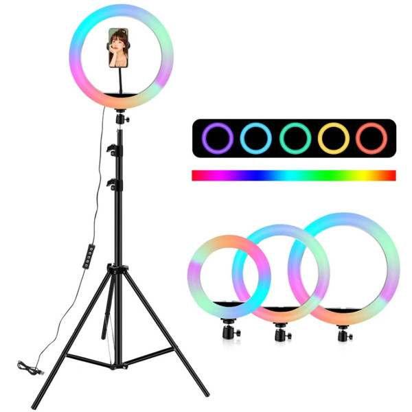 Кольцевая светодиодная цветная LED RGB лампа MJ36 см штатив 2м подсветка мультиколор для блогеров селфи кольцо