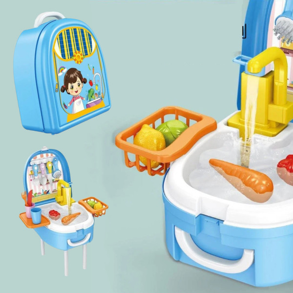 Игровой набор Кухня в чемодане с овощами мойка в форме рюкзака голубой Washing vegetable basin