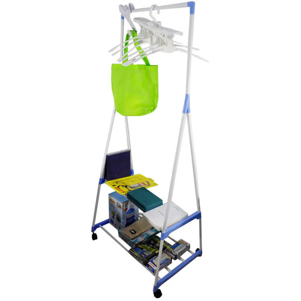 Стойка вешалка для одежды и обуви Передвижная двухъярусная Clothes Rack Напольная с полками на колесиках