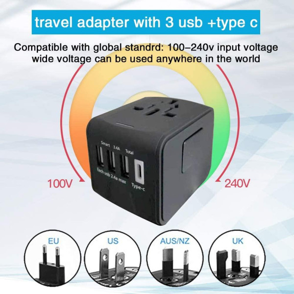 Универсальный адаптер для путешествий и дома сетевой USB Travel Adapter переходник для розеток Черный