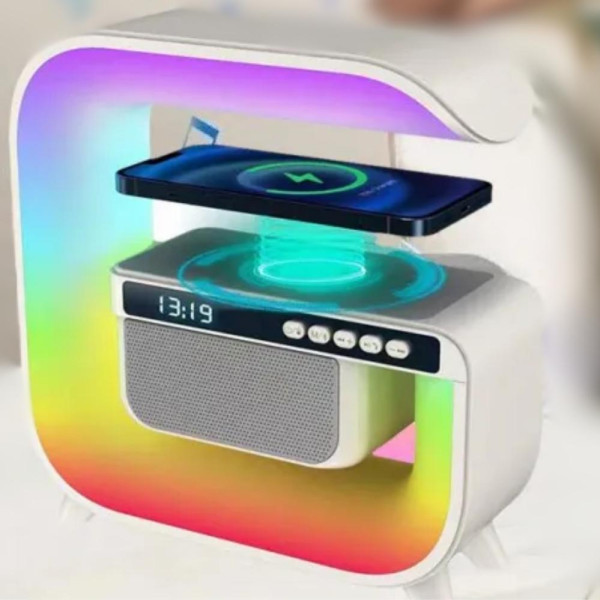 Ночник с беспроводной зарядкой часами 15W G 3 аккумуляторный RGB светильник колонка радио