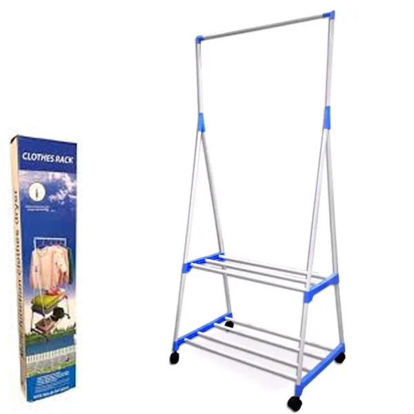 Стойка вешалка для одежды и обуви Передвижная двухъярусная Clothes Rack Напольная с полками на колесиках