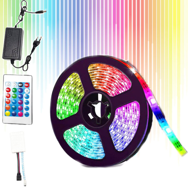 Светодиодная Лед лента RGB 5 м силиконовая с пультом и переходником светодиодное освещения на самоклейке